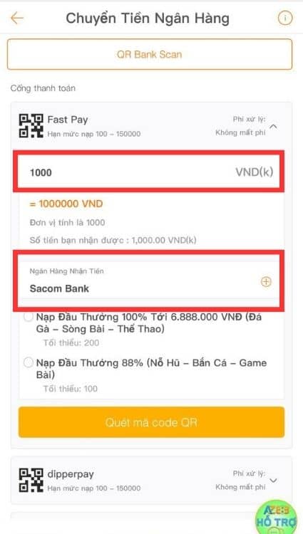 Nhập số tiền muốn nạp vào tài khoản AZ888