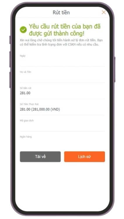 Yêu cầu rút tiền của bạn đã được gửi thành công